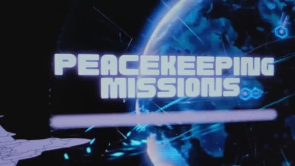 Надпись "Миссии по поддержанию мира" на фоне вращающейся голограммы Digital Earth с ракетными атаками. Графическое представление с летающим военным самолетом. Военная концепция. - Кадры, видео