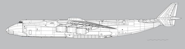 Antonov An-225 Mriya (Κοζάκος). Σχέδιο διανύσματος του στρατηγικού αεροσκάφους μεταφοράς εμπορευμάτων από αερογέφυρα. Πλευρική άποψη. Εικόνα για εικονογράφηση και infographics. - Διάνυσμα, εικόνα