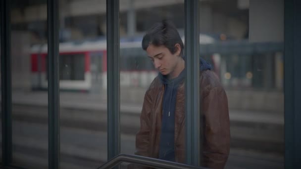 Znovusjednocení svobodné matky a dospívajícího syna objímání na železničním nástupišti  - Záběry, video