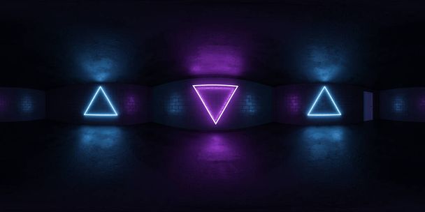 A collection of bright neon lights glowing in a dimly lit room, casting vibrant colored beams against the darkness. The lights create a striking contrast. equirectangular 360 degree panorama vr - Photo, Image
