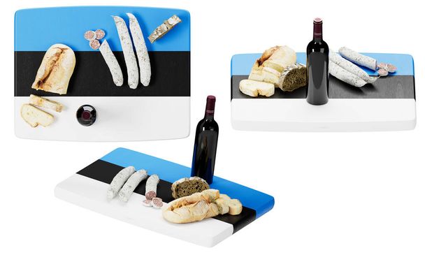 Artful arrangement of Estonian-style bread and sausages, paired with red wine, displayed on a backdrop with the blue, black, and white of Estonia's flag - Photo, Image
