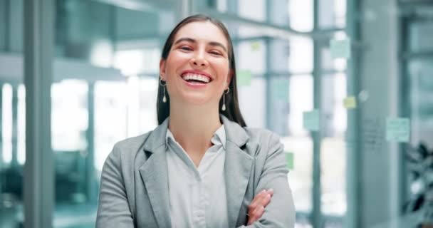 Corporate, Human Resources und das Gesicht einer Frau mit einem Lächeln für Start-up, Glück und Zuversicht. Büro, Job und Porträt eines Mitarbeiters mit überkreuzten Armen für Karriere, Firmenstolz und Rekrutierung. - Filmmaterial, Video