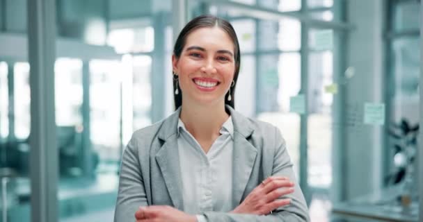 Human Resources, corporate en gezicht van de werknemer met een glimlach voor werving, brainstormen en planning. Kantoor, carrière en portret van vrouw met armen gekruist voor vertrouwen, trots en onboarding. - Video