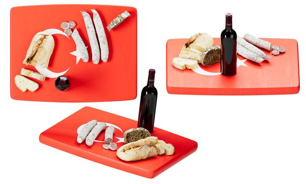 Genießen Sie die Aromen der Türkei mit diesem exquisiten Ambiente aus traditionellem Brot, verschiedenen Fleischsorten und Käse, ergänzt durch eine Flasche edlen Weins auf einer lebhaften Flaggenwand - Foto, Bild