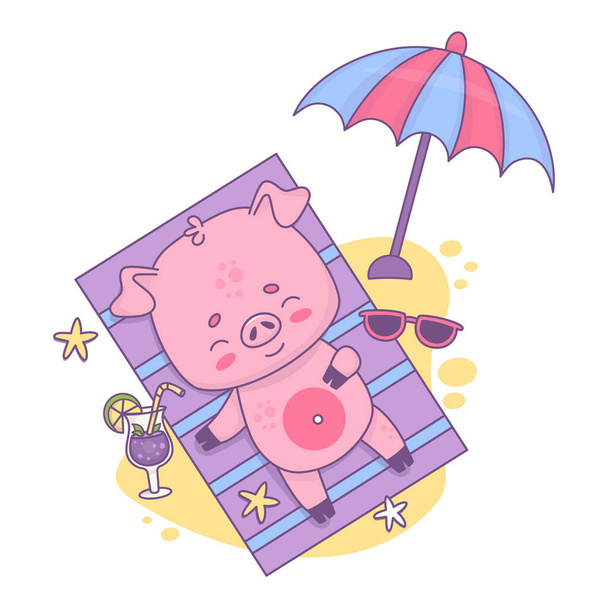 Mutlu kumsal domuzcukları güneşleniyor ve güneş şemsiyesi altında kokteyl ile dinleniyor. Komik, rahatlatıcı hayvan karakteri. Vektör illüstrasyonu. - Vektör, Görsel