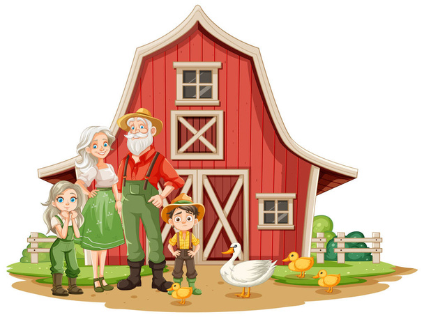 Illustration of a family with animals at a barn - Vector, Image