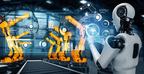 XAI Mechanisierte Industrieroboter und Roboterarme für die Montage in der Fabrikproduktion. Konzept der künstlichen Intelligenz für industrielle Revolution und Automatisierung des Fertigungsprozesses. - Foto, Bild