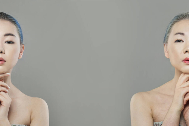 Asyalı kadının yüzü önce ve sonra. Güzellik, yaşlanma, kozmetoloji, estetik cerrahi ve rötuş konsepti - Fotoğraf, Görsel