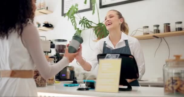 Service, barista or customer with cup at cafe for drinks or return at checkout counter in a coffee shop job. Reusable bottle, giving or waitress in small business restaurant with a woman or lady. - Footage, Video