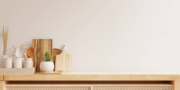 Armário de madeira e acessórios decoração na sala de estar interior em azulejos vazios fundo da parede branca renderização 3D - Foto, Imagem