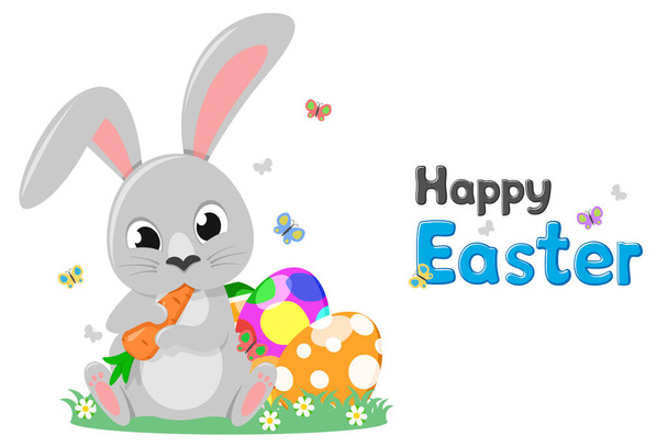 Wielkanocny królik siedzi z kolorowymi jajkami i zjada marchewkę z bliska na białym tle. Charakter wielkanocny - Wektor, obraz
