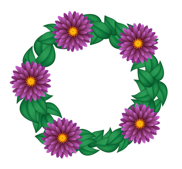 Ghirlanda di fiori viola e foglie verdi. Cornice rotonda del fiore. Illustrazione vettoriale isolata su sfondo bianco. - Vettoriali, immagini