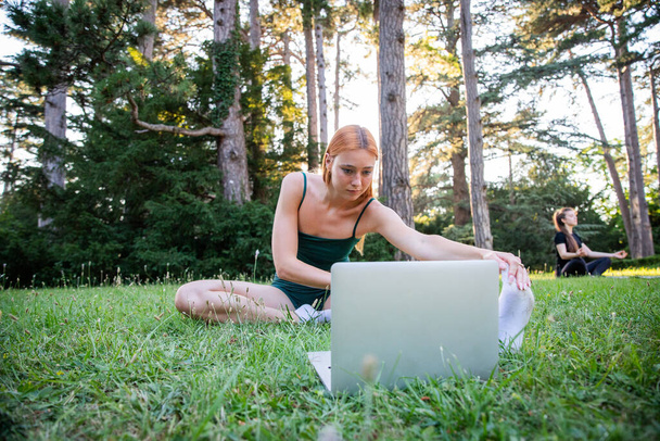 Žena sedí na trávě s laptopem před sebou. Dívá se na plátno a soustředí se na svou práci. Scéna naznačuje klidnou a uvolněnou atmosféru - Fotografie, Obrázek