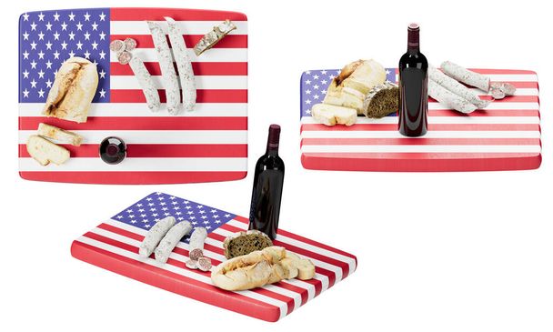 Disfrute de una fiesta americana clásica con una deliciosa selección de pan, queso y salchichas, junto con una rica botella de vino tinto, presentada en la bandera patriótica de Stars and Stripes. - Foto, imagen