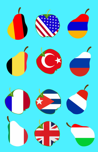 Ilustração com meia maçã, pêra e bandeiras
 - Vetor, Imagem
