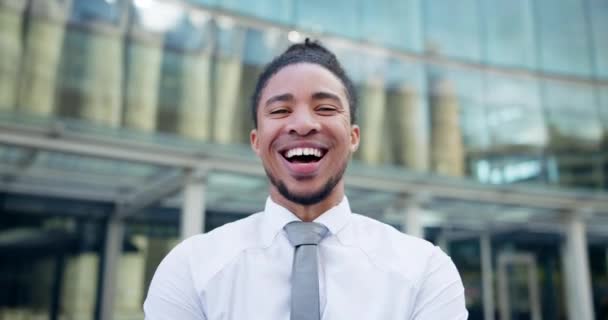 Zwarte man, bedrijf of lach om carrière, werkgelegenheid of de mogelijkheid om te werken in startup bedrijf in de stad. Jonge bedrijfsmedewerker, blij of enthousiast over goed nieuws, werk of interview in zelfverzekerde houding. - Video