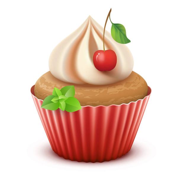 Vector illustration of cupcake decorated with cream and cherry, isolated on white background. Created using gradient meshes, EPS 10 - Vector, Image