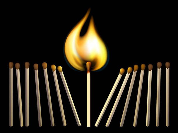 Vector matchsticks and fire on black background. Concept illustration reated using gradient meshes - Vector, Image
