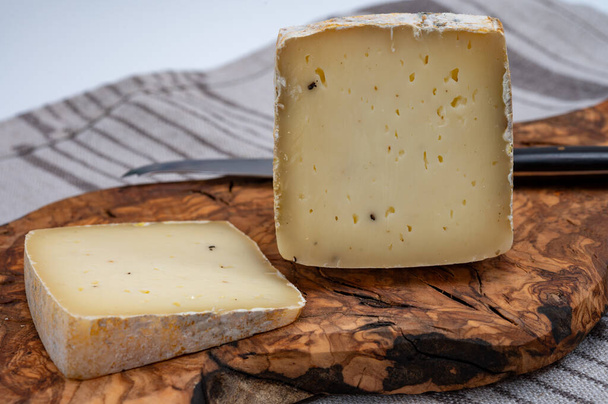 Pièce de fromage à pâte dure Ciambella Trufilo à base de truffe d "été provenant du lait de vache piémontais dans la région de Langa, Italie - Photo, image
