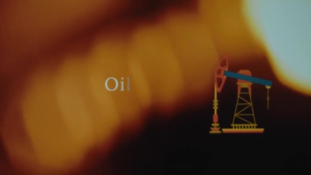 Inscripción de reservas de petróleo y gas sobre fondo abstracto de llamas de fuego. Presentación gráfica del símbolo de la plataforma petrolera. Concepto de petróleo y gas. - Metraje, vídeo