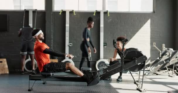 Rower, man and fitness in a gym, exercise and training with endurance and challenge with wellness. People, group or athlete with progress or rowing in a health center, active or workout with practice. - Footage, Video