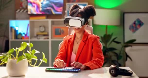 Touch, virtual reality and woman with headset for cyber world, metaverse and online user interface. Night, digital transformation and person with futuristic technology for AI, software and internet. - Footage, Video