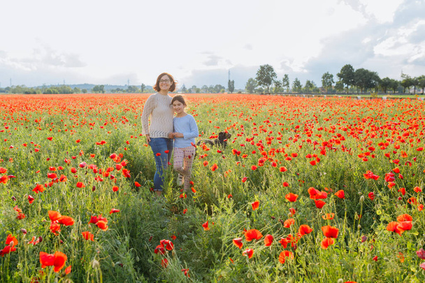 woman and her child standing in the poppy field next to their running dog on a sunny day - Photo, Image