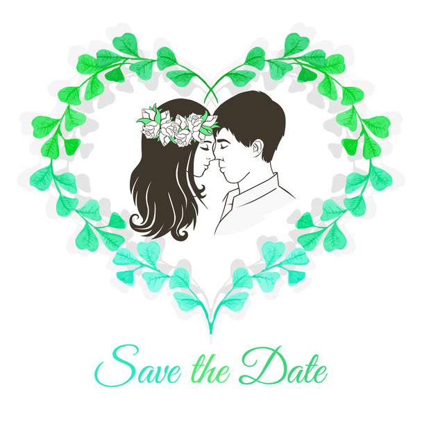 Speichern Sie die Datumseinladungskarte mit Silhouette des verliebten Paares - Vektor, Bild