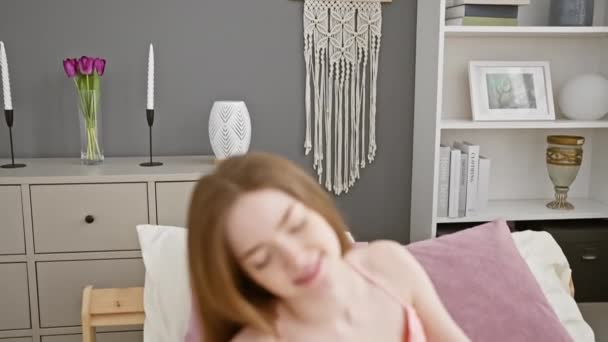 Modern yatak odasında dinlenen genç bir kadın dekor ve rahat bir atmosferle, yaşam tarzını ve sükuneti temsil ediyor.. - Video, Çekim