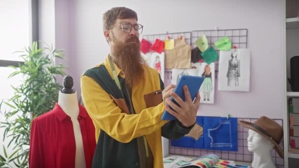 Uomo rossa con barba utilizzando tablet in atelier circondato da manichini e disegni di moda - Filmati, video
