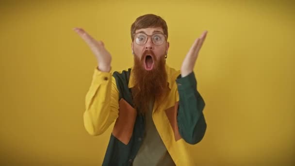 Surprised young redhead guy, wearing glasses and shirt, paints an emotional picture of shock and fear. standing dumbstruck, utterly amazed, hands over mouth on a yellow isolated backdrop. - Footage, Video