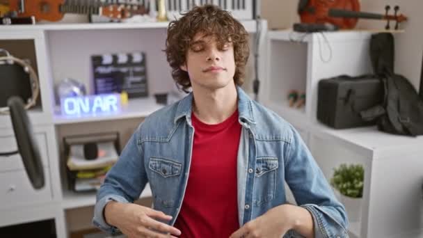 Klidný mladý muž s kudrnatými vlasy medituje v moderním hudebním studiu, obklopen nástroji a vybavením. - Záběry, video