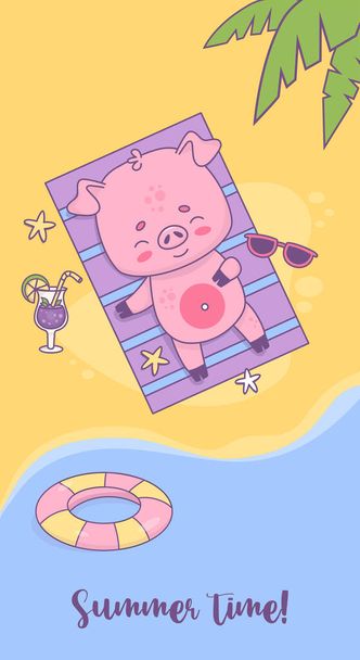 Afiche vertical horario de verano. Cerdo feliz beachgoer tomar el sol en la orilla tropical bajo hojas de palma. Lindo carácter animal de vacaciones de playa. Ilustración vectorial - Vector, imagen