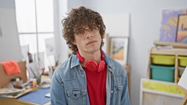 Retrato de un hombre de pelo rizado con auriculares en el estudio de un artista, irradiando creatividad y vibraciones hipster. - Metraje, vídeo