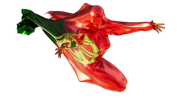 Abbildung einer abstrakten Figur, die dynamisch in die portugiesischen Flaggenfarben Grün und Rot mit dem nationalen Emblem gehüllt ist - Foto, Bild