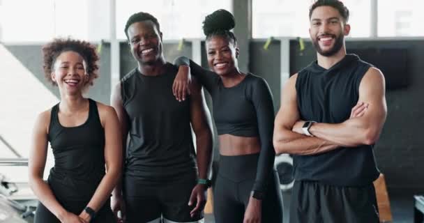 Group, fitness and workout portrait for training, health and wellness in studio gym with diversity. Friends, fun and exercise for weight loss, commitment and goals with personal trainer or coach. - Footage, Video