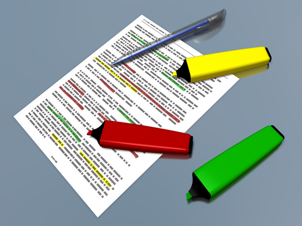 Marcadores de caneta multicoloridos e caneta que colocam em um documento
 - Foto, Imagem