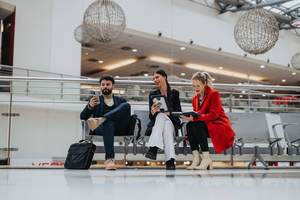Trois professionnels engagés dans la technologie en attendant dans un aéroport. Concept de voyage moderne et connectivité d'affaires. - Photo, image
