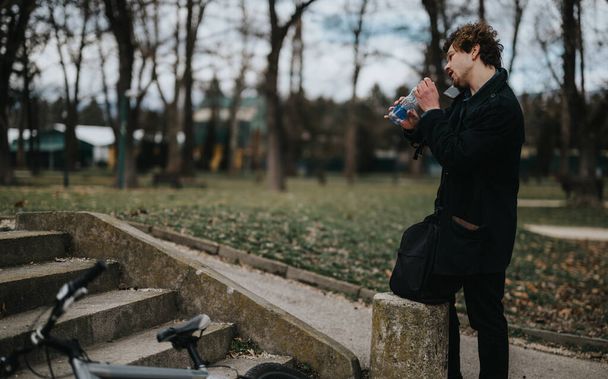 Een jeugdige ondernemer neemt een waterpauze naast zijn fiets in een serene park omgeving, die een balans van werk en welzijn belichaamt. - Foto, afbeelding
