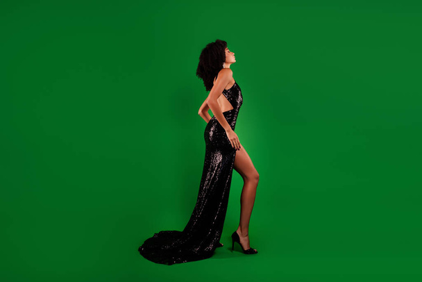 Volledige lengte foto van sexy prachtige schattige dame Hollywood populaire ster poseren zwarte jurk over groene kleur achtergrond. - Foto, afbeelding