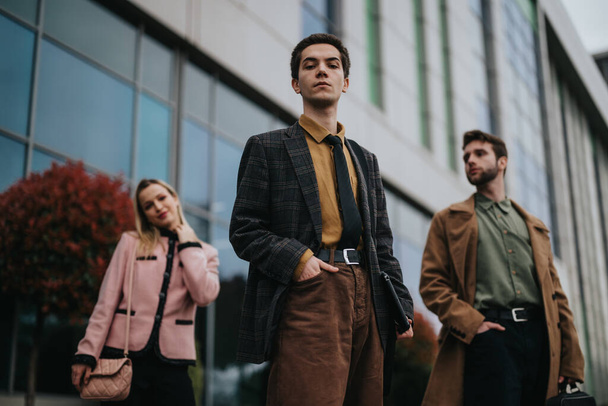 Drei Business-Profis in stylischer Herbstkleidung posieren selbstbewusst im Freien vor Bürokulisse. - Foto, Bild