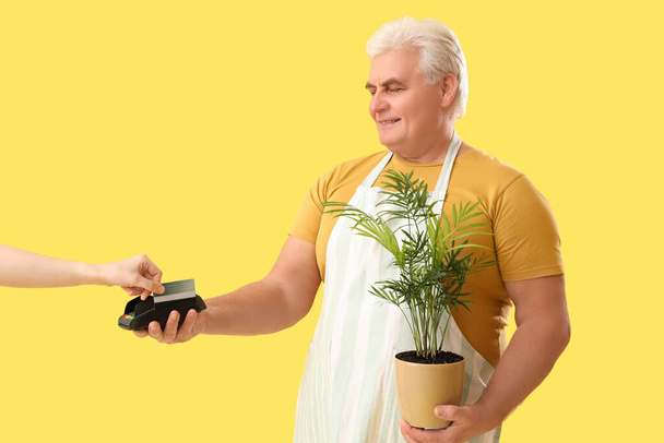 Mature gardener receiving payment for plant on yellow background - Fotoğraf, Görsel