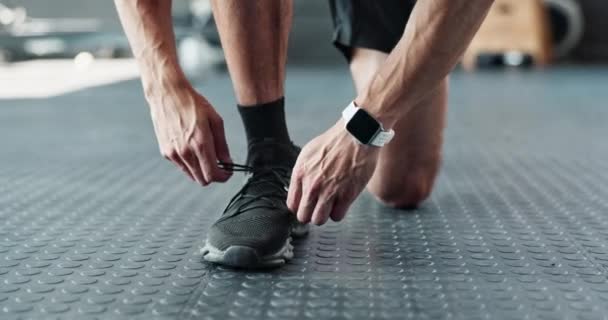 Δρομέας, χέρια και κορδόνια για άσκηση, προπόνηση και προπόνηση ή φυσική κατάσταση με sneakers, μόδα και προετοιμασία. Άτομο, αθλητής ή δρομέας σε κοντινή απόσταση με κορδόνια, πόδια και πόδια για καρδιο σε γυμναστήριο. - Πλάνα, βίντεο