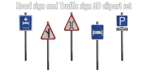 Sinal de estrada e sinal de tráfego clipart elemento, 3D renderizar conceito de sinal de estrada isolado no fundo branco ícone conjunto No.32 - Foto, Imagem
