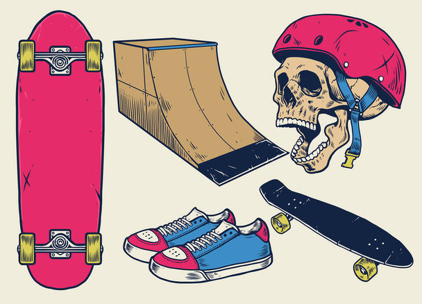 objetos de skate vintage establecidos en estilo de dibujo a mano - Vector, imagen