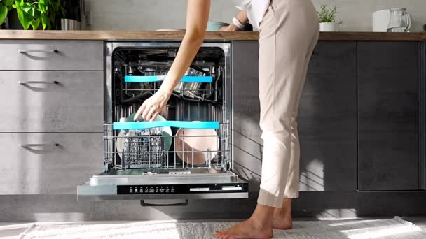 A woman putting dirty ceramic dish in the dishwasher. Household and helpful technology concept. High quality 4k footage - Footage, Video