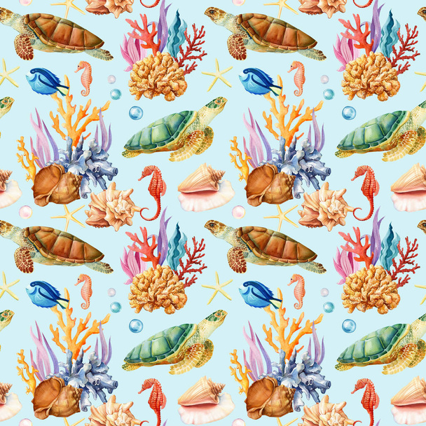 Trendikäs Käsi piirretty simpukka, kilpikonna, kala. Marine Saumaton Pattern akvarelli Design kangas tapetti kansi. Trooppinen meri. Korkealaatuinen kuva - Valokuva, kuva