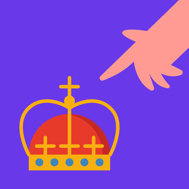 Βασιλιάς Κάρολος Γ 'Λονδίνο 2023. Χέρι δείχνει στο βασιλικό χρυσό στέμμα σε μπλε φόντο. Επίπεδη διανυσματική απεικόνιση. - Διάνυσμα, εικόνα