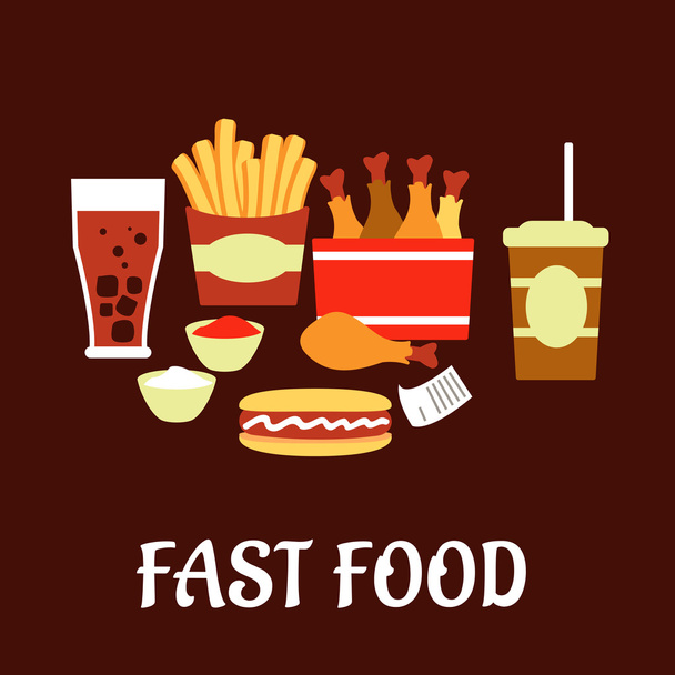 Fast food snacks en drankjes set in vlakke stijl - Vector, afbeelding