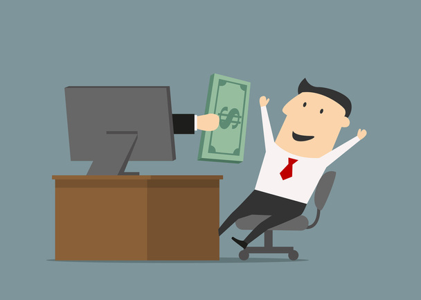 empresário receber dinheiro online através da tela do computador - Vetor, Imagem
